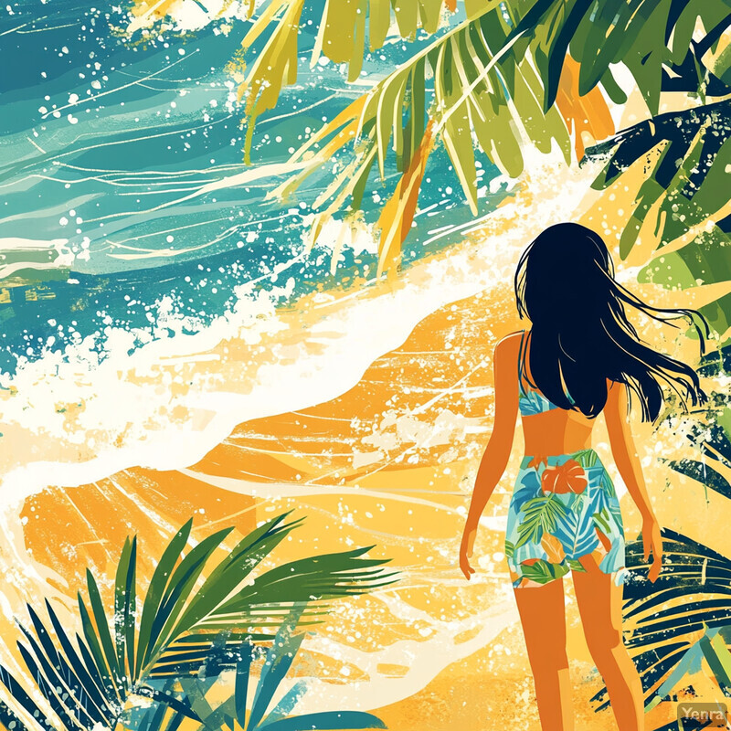 A woman stands on the beach, gazing out at the ocean in a serene tropical setting.