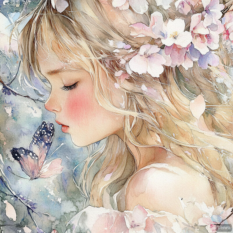 Illustration of a young woman with long blonde hair surrounded by cherry blossoms