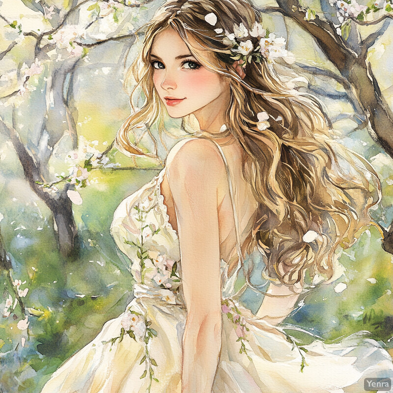 A young woman with long hair adorned with flowers stands amidst lush greenery