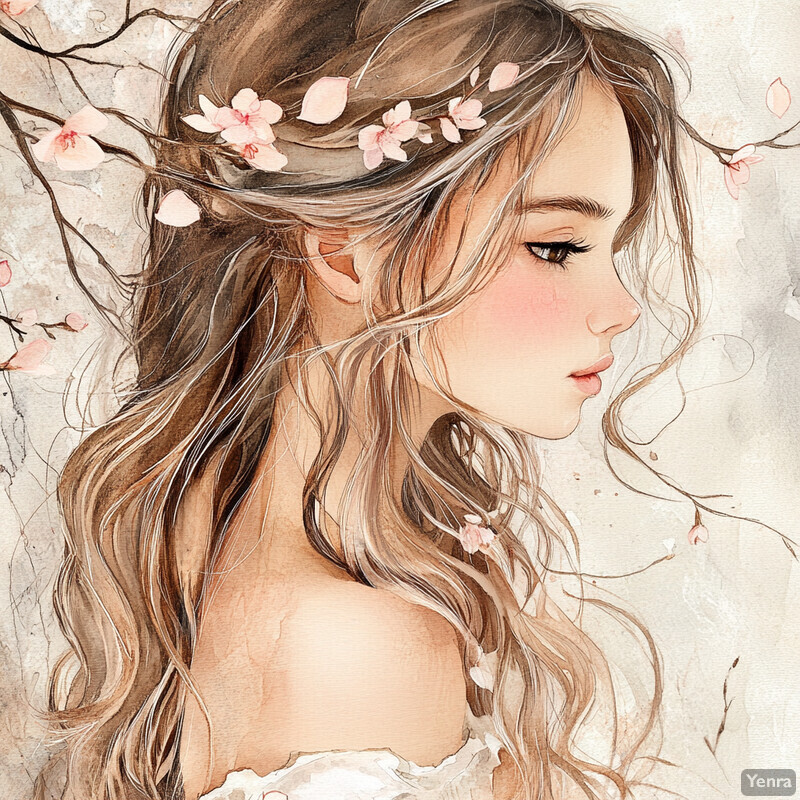 Watercolor-style illustration of a woman with long, wavy brown hair adorned with pink flowers and leaves.