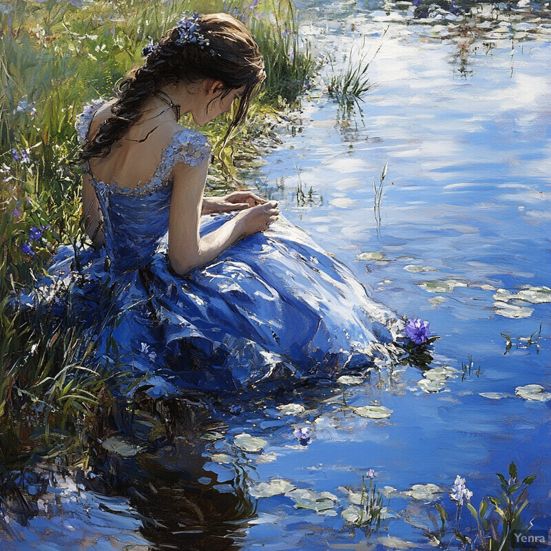 A serene and idyllic scene of a woman sitting by a body of water, surrounded by lush greenery and vibrant flowers.