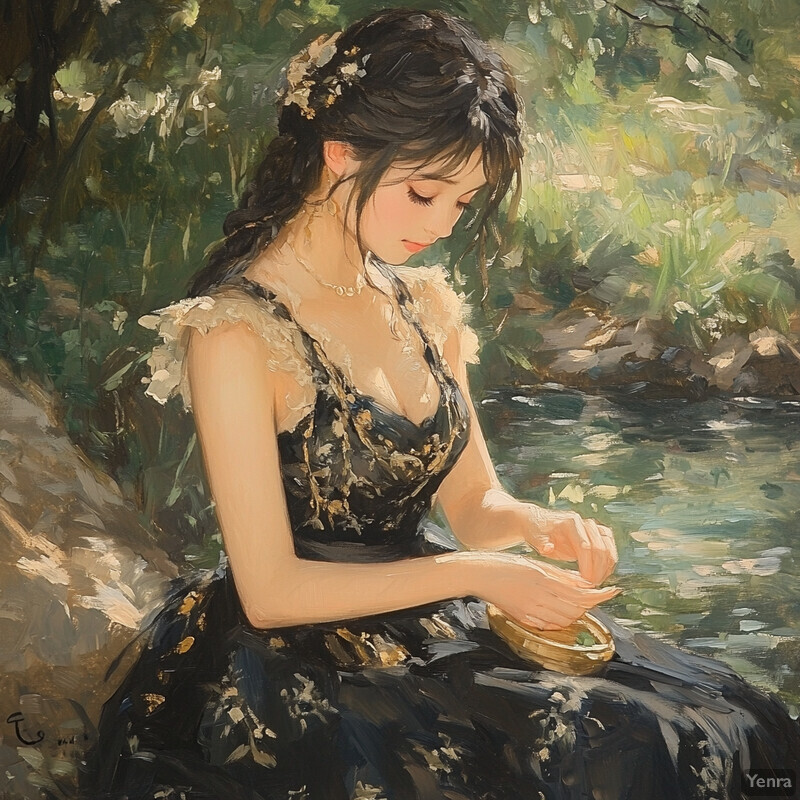 A woman sits by a river, surrounded by lush greenery, lost in thought.