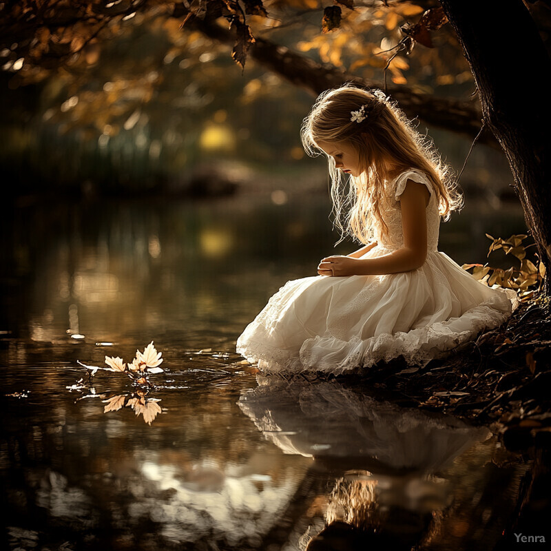 A young girl sits near a body of water surrounded by lush greenery and vibrant flowers.