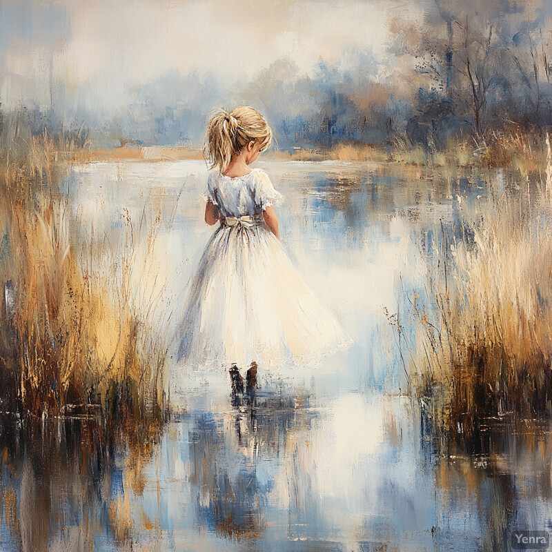 A young girl stands in front of a body of water, lost in thought.