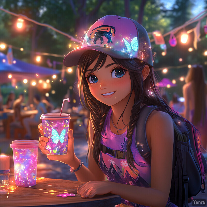 A young girl enjoys a drink at an outdoor setting, surrounded by string lights and trees.