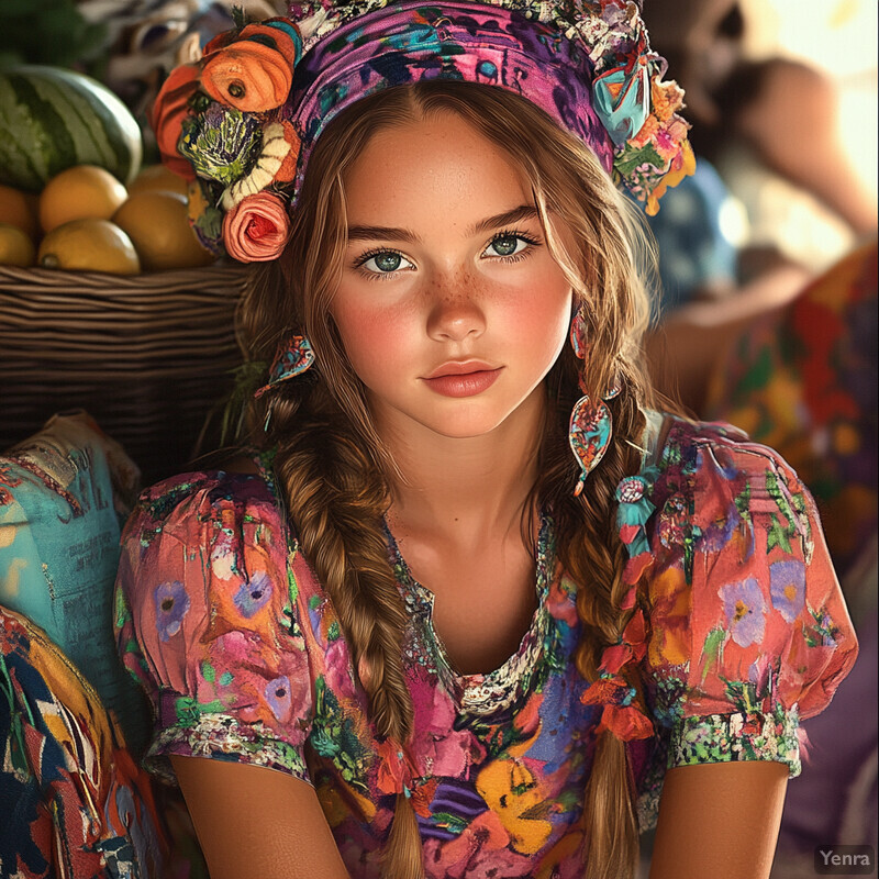 A young girl with long brown hair styled in braids, wearing a colorful dress and holding a paper or fabric flower bouquet.