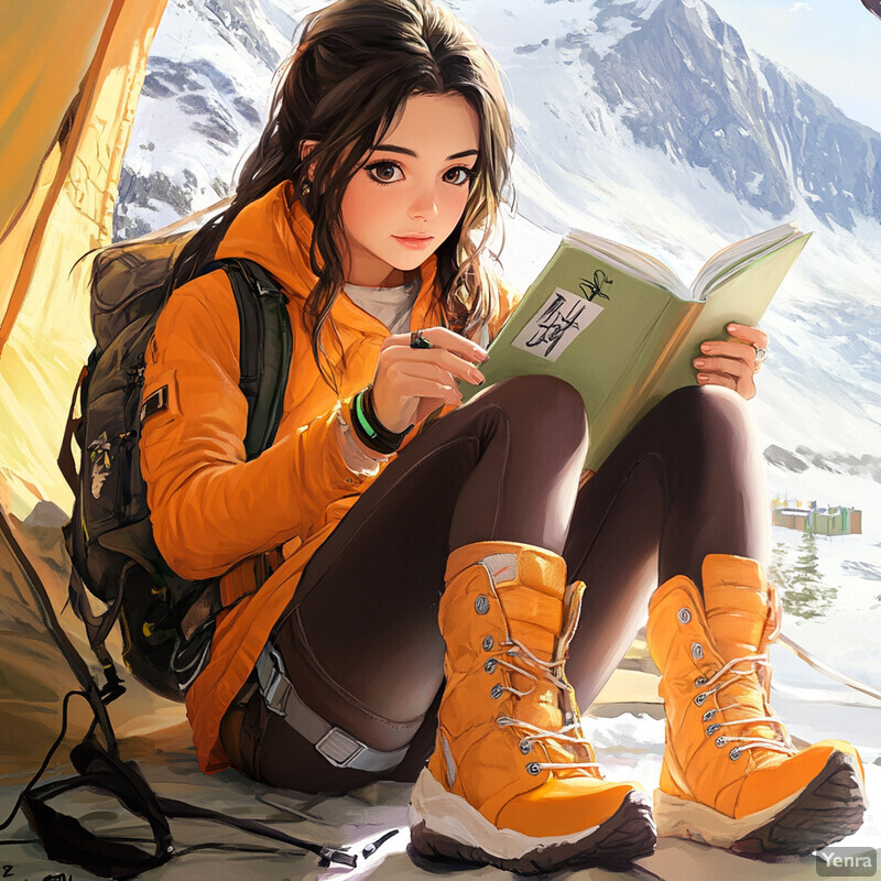 A young woman sits in front of snow-covered mountains, reading 'Radiant Respite' while dressed in yellow.