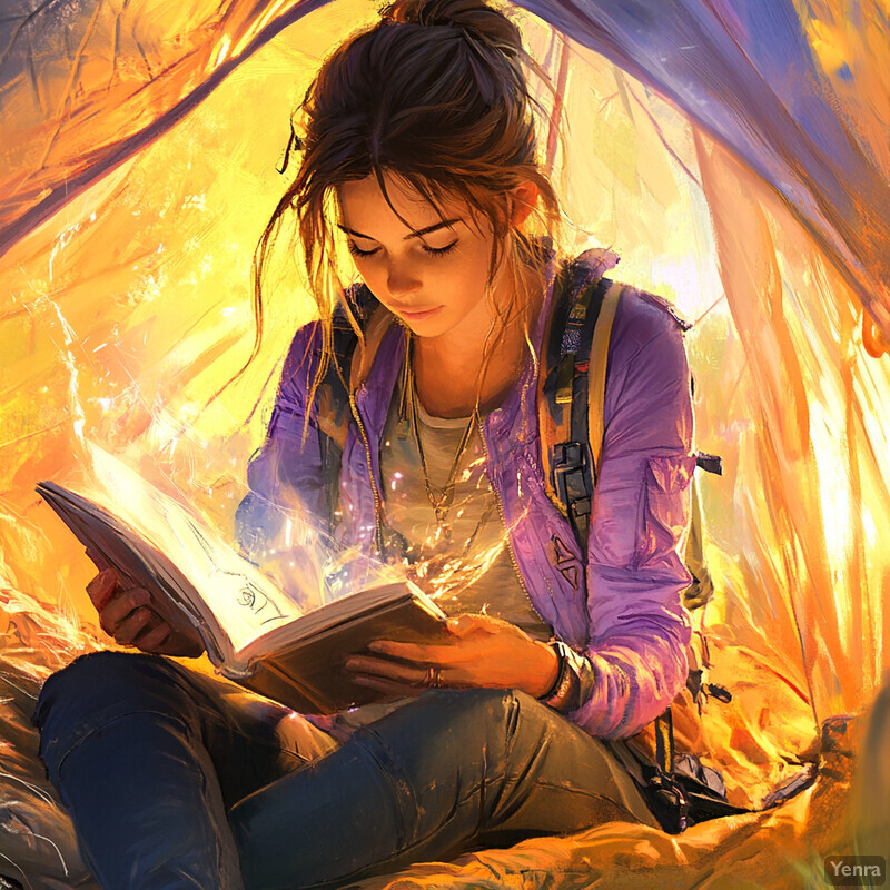 A woman sits comfortably in a tent, engrossed in reading a book, surrounded by a peaceful and intimate atmosphere.