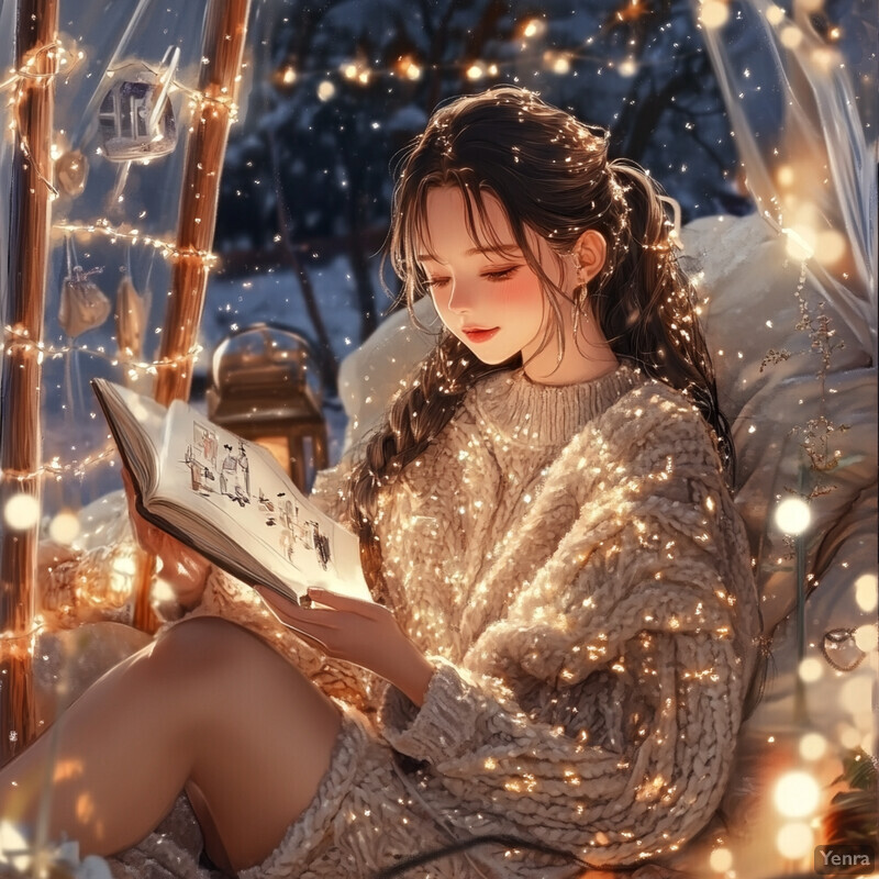 A young woman reading a book in a cozy outdoor setting with fairy lights and snow-covered trees