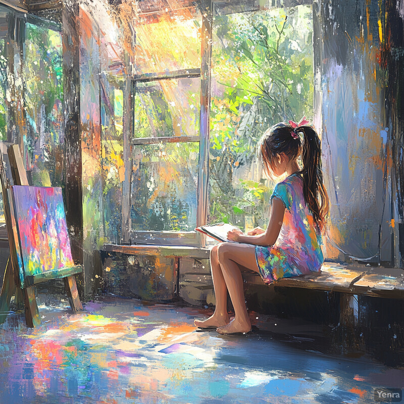 A young girl sits in an art studio, surrounded by vibrant colors and natural light, intently focused on her sketchbook.