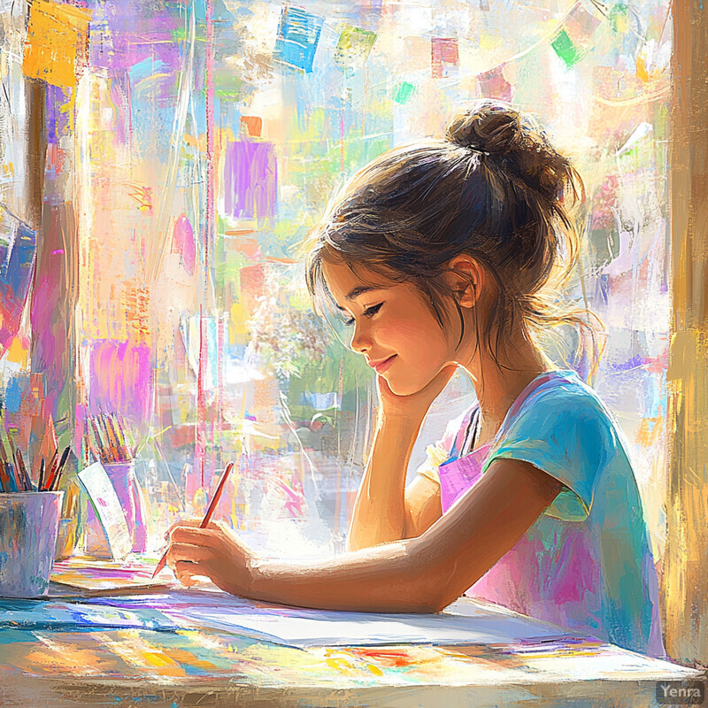 A young girl sits at a desk, focused on creating something with a pencil and white paper.