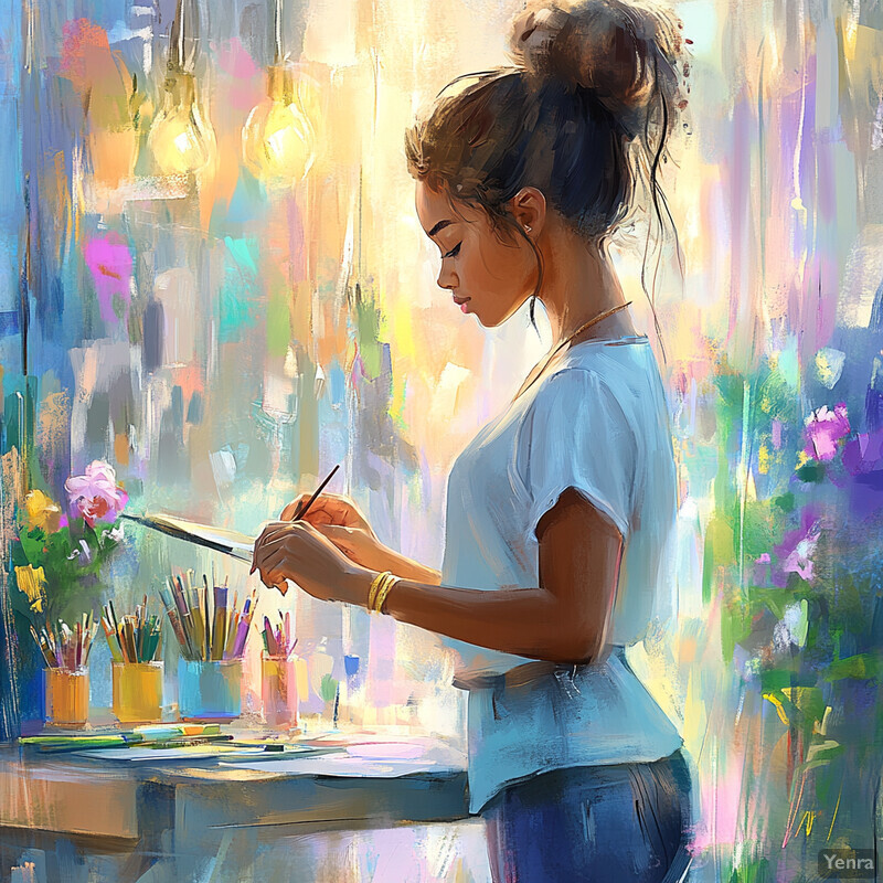 A woman paints with a paintbrush in hand, surrounded by art supplies and flowers.