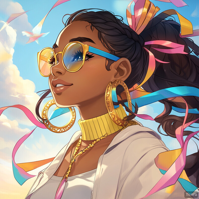 A woman with dark skin and long black hair styled in a ponytail adorned with multicolored ribbons, wearing oversized yellow sunglasses, a white shirt, and large gold hoop earrings that reach her shoulders, set against a serene sky with fluffy clouds and birds flying overhead.