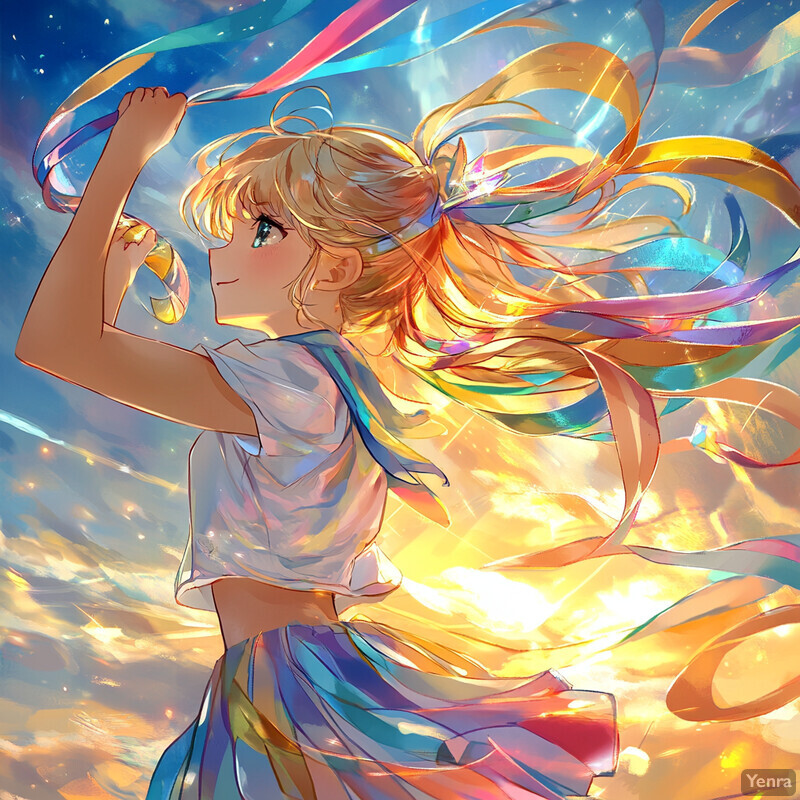 A young woman dances with a colorful ribbon against a bright sky