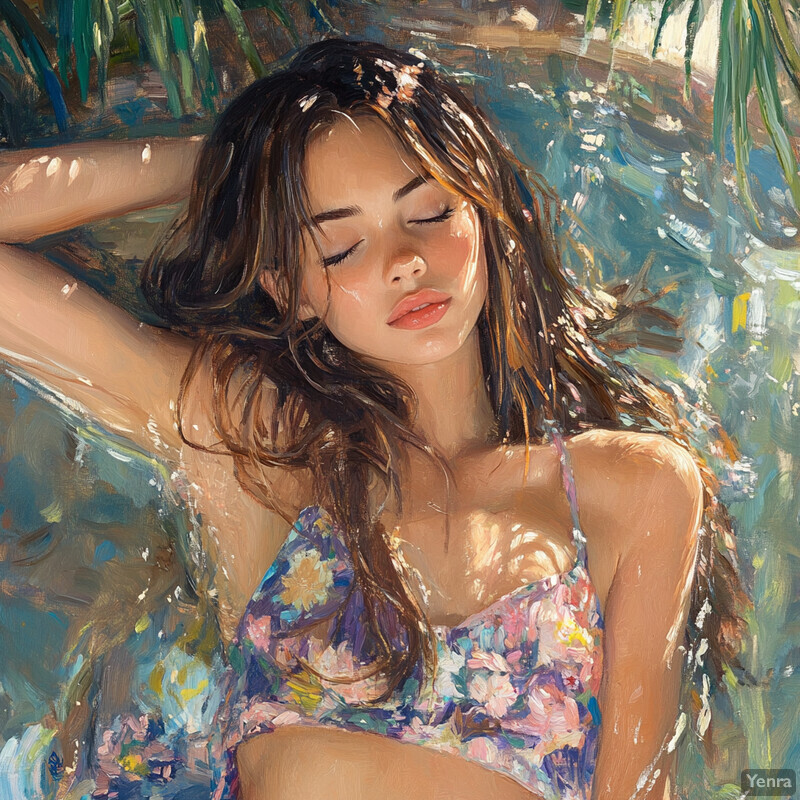 A woman reclines on a beach surrounded by lush greenery and vibrant flowers, exuding tranquility and relaxation.