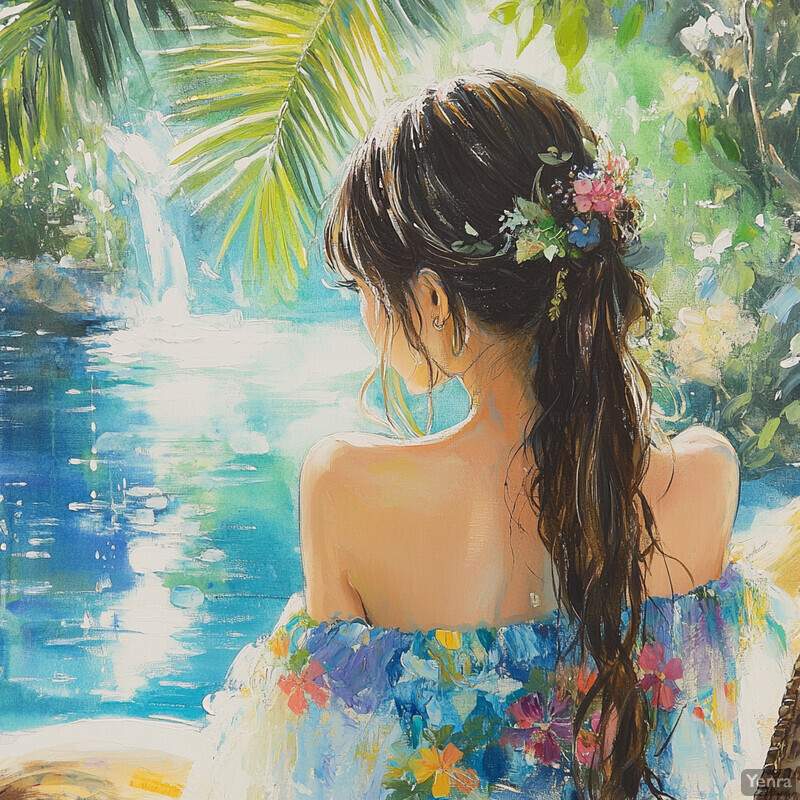 A serene woman stands by a body of water surrounded by lush greenery, exuding peace and tranquility.