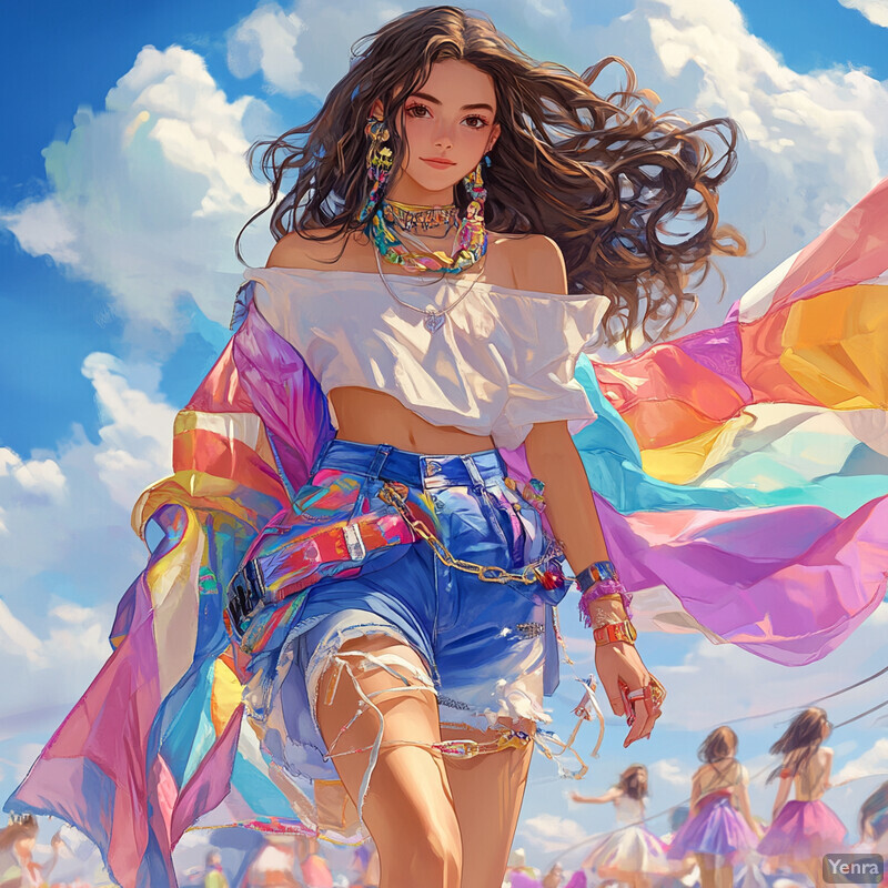 A woman wearing a rainbow-colored flag and casual clothing poses confidently against a cloudy sky backdrop.