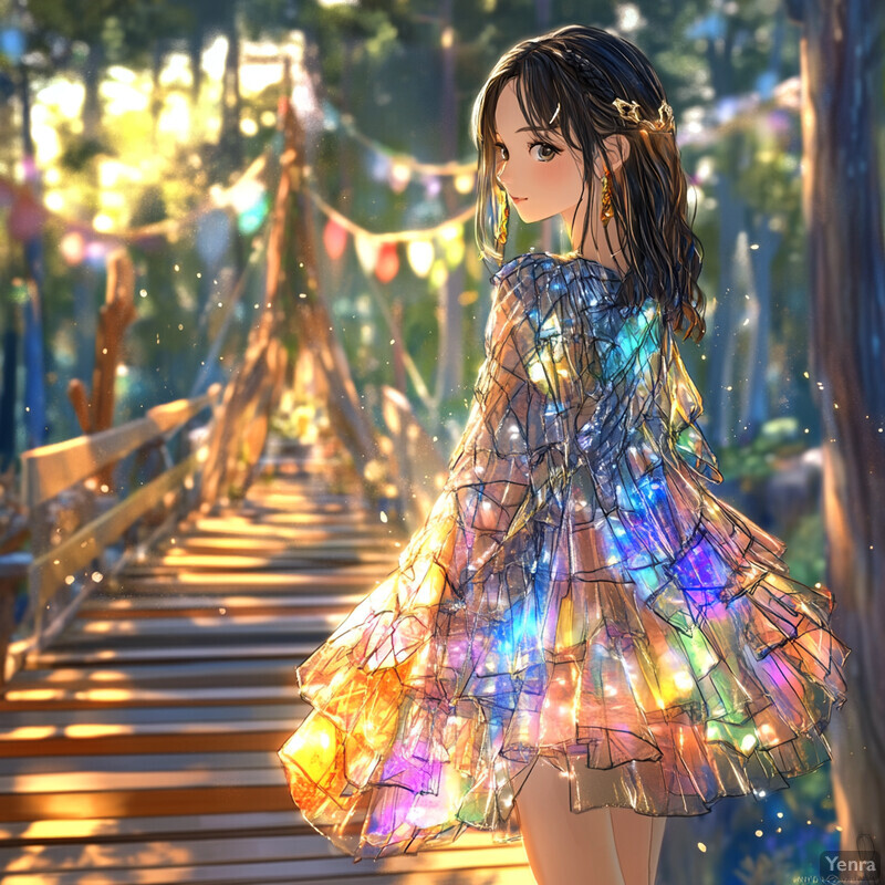 A young woman in a vibrant dress stands on a bridge surrounded by trees and foliage.