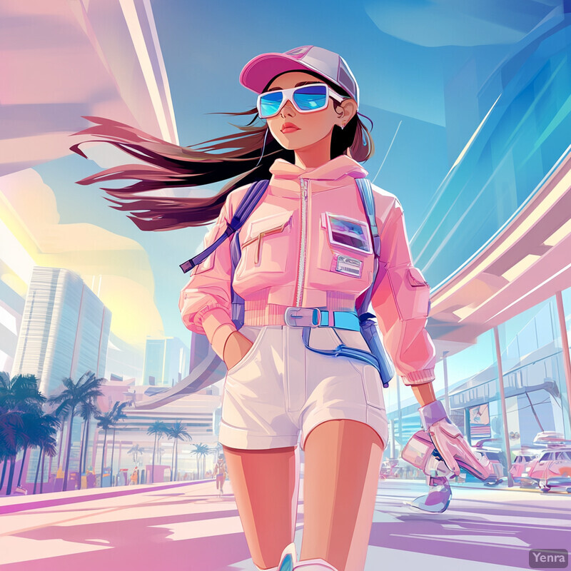 A woman walks down a city street in an animated style, wearing pastel pink attire and listening to music or podcasts.