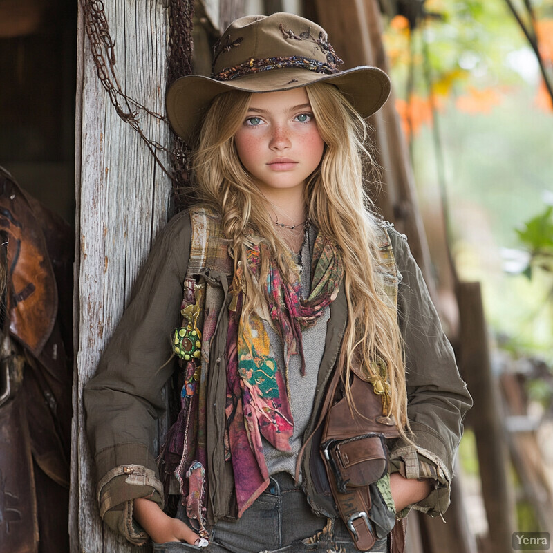 A young girl with blonde hair and blue eyes wearing a cowboy hat and ripped jeans stands against a wooden backdrop with horse saddles/bridles.