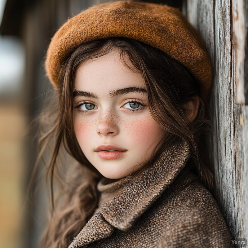 A young girl leans against a wooden wall or fence, dressed in a rust-colored beret and tweed jacket.