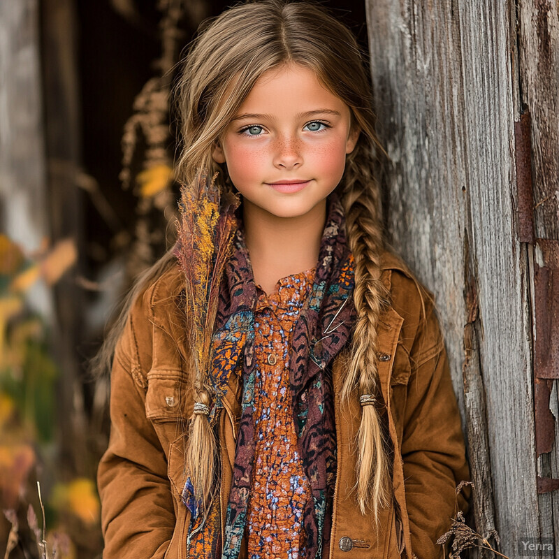 A young girl stands in front of an old wooden door or wall, wearing a floral dress and brown jacket, with long blonde hair and bright blue eyes.