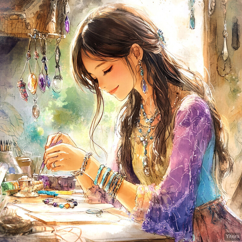 A young woman crafts jewelry at a desk surrounded by various objects.