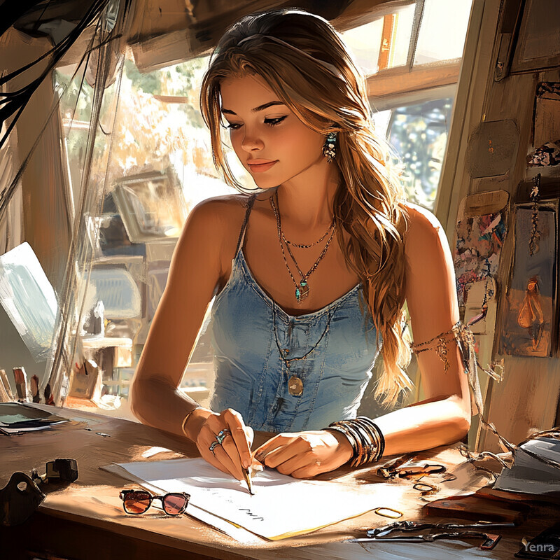 A young woman sits at a desk, focused on her work, surrounded by art supplies and personal items in a cozy and creative space.