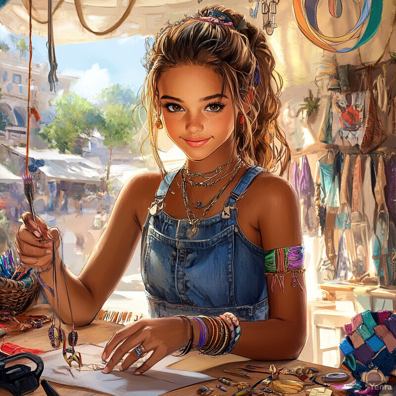 A woman stands behind a table in an outdoor setting, surrounded by various objects and items.