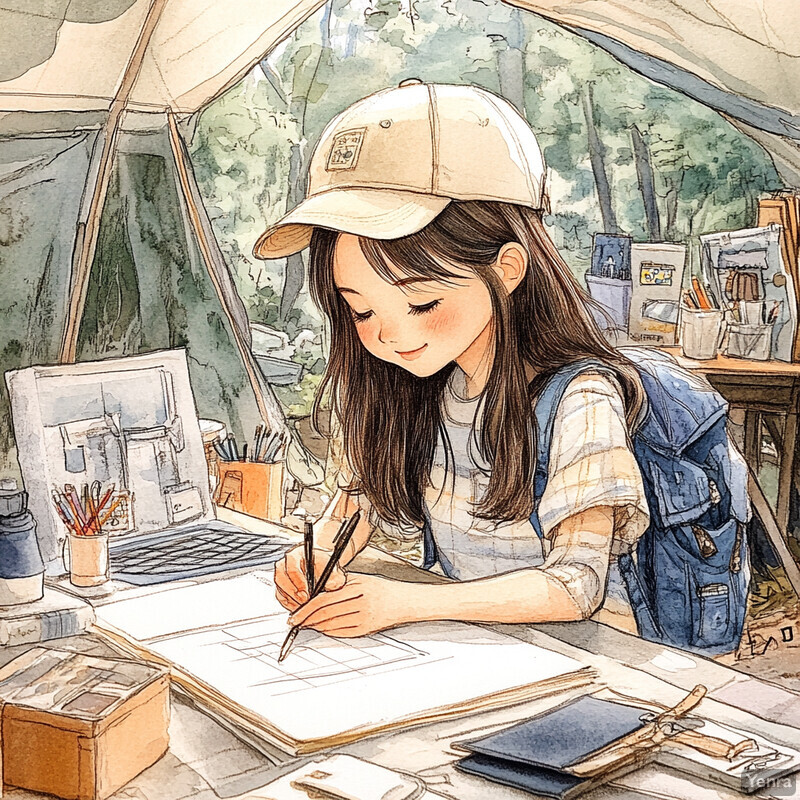 A young girl sits at a desk in an outdoor setting, surrounded by various objects and tools.