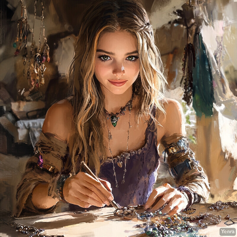 A young woman engrossed in crafting jewelry amidst a rustic backdrop.