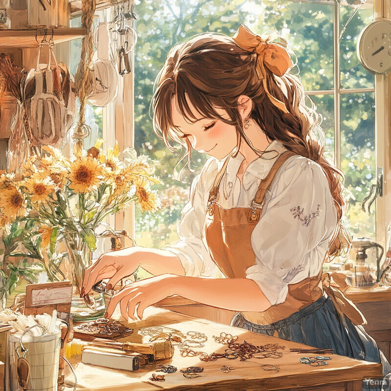 A young woman creates jewelry or decorative items in a serene setting.