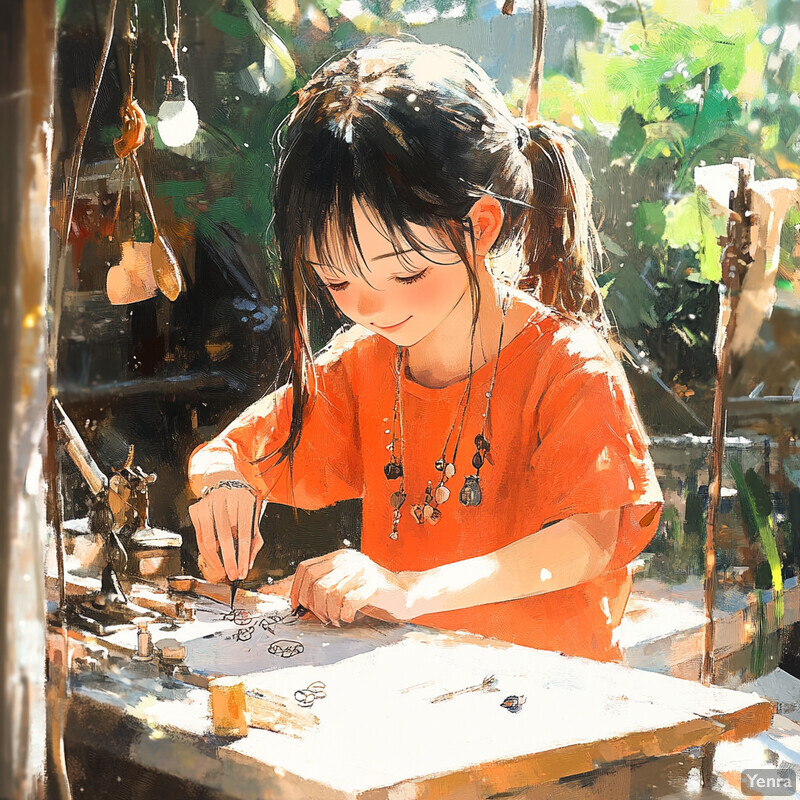 A young girl with long black hair crafts jewelry at a wooden table