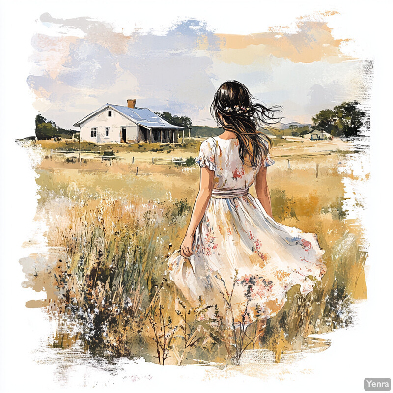 A woman walks through a field towards an old house in the distance.