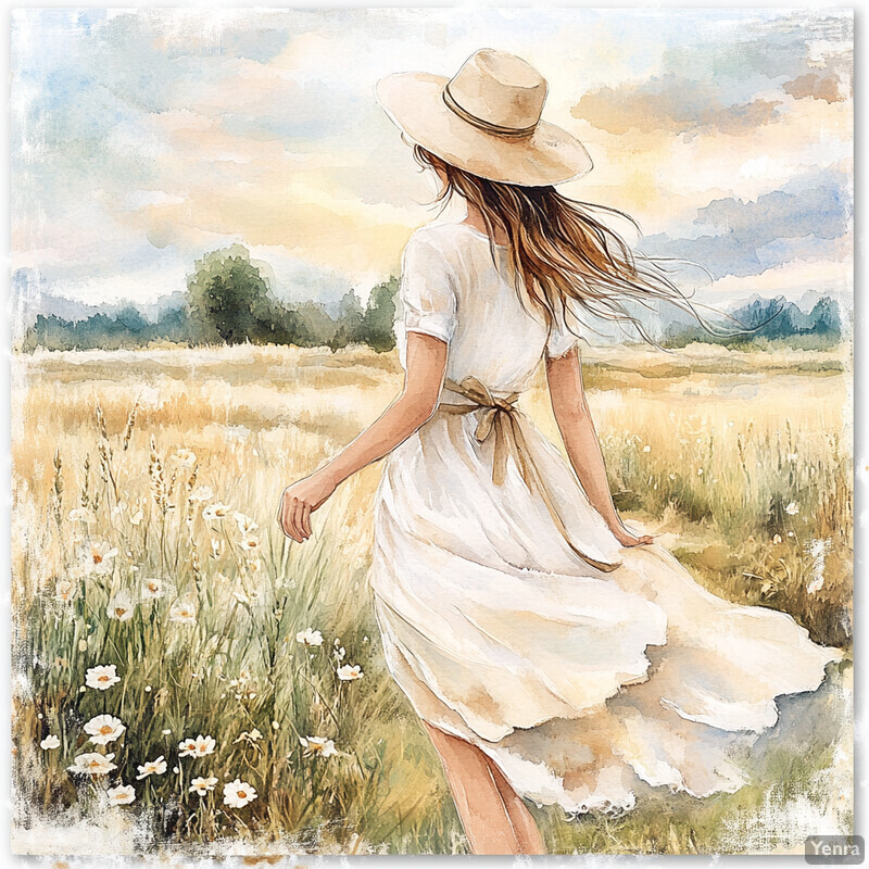 A woman in a white dress walks through a field of wildflowers, exuding confidence and poise while surrounded by nature's beauty.