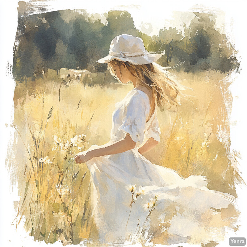 A young girl in a white dress picks flowers in a field