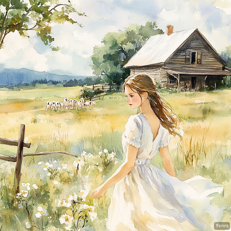 A serene and idyllic scene of a woman standing in a field with wildflowers, surrounded by rolling hills and mountains.