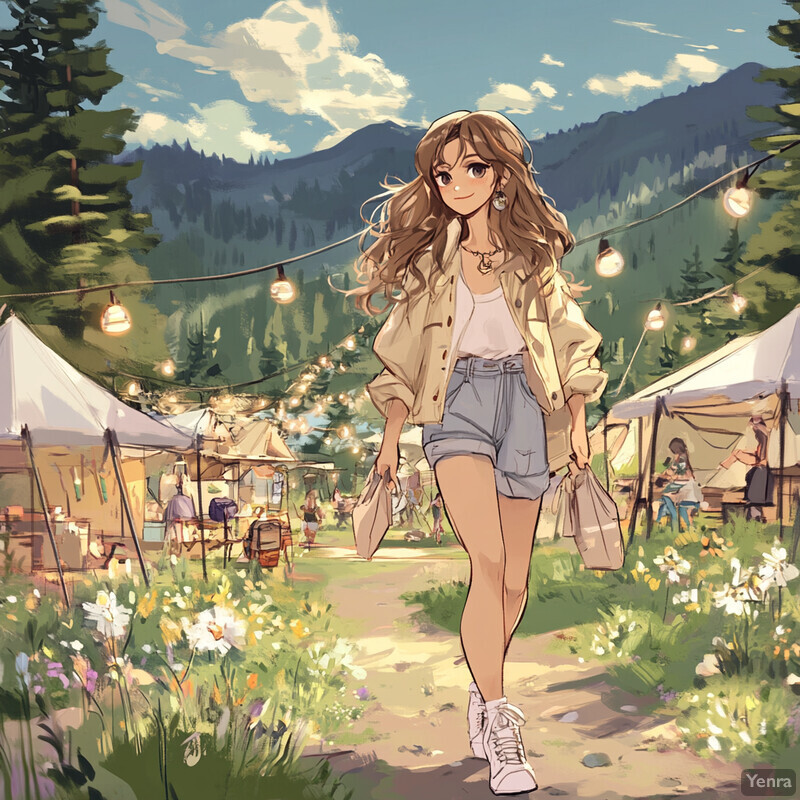 A young woman strolls through a picturesque outdoor setting, surrounded by lush greenery and vibrant flowers.