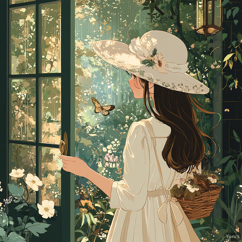 A woman stands in front of a window surrounded by lush greenery and flowers, exuding serenity and tranquility.