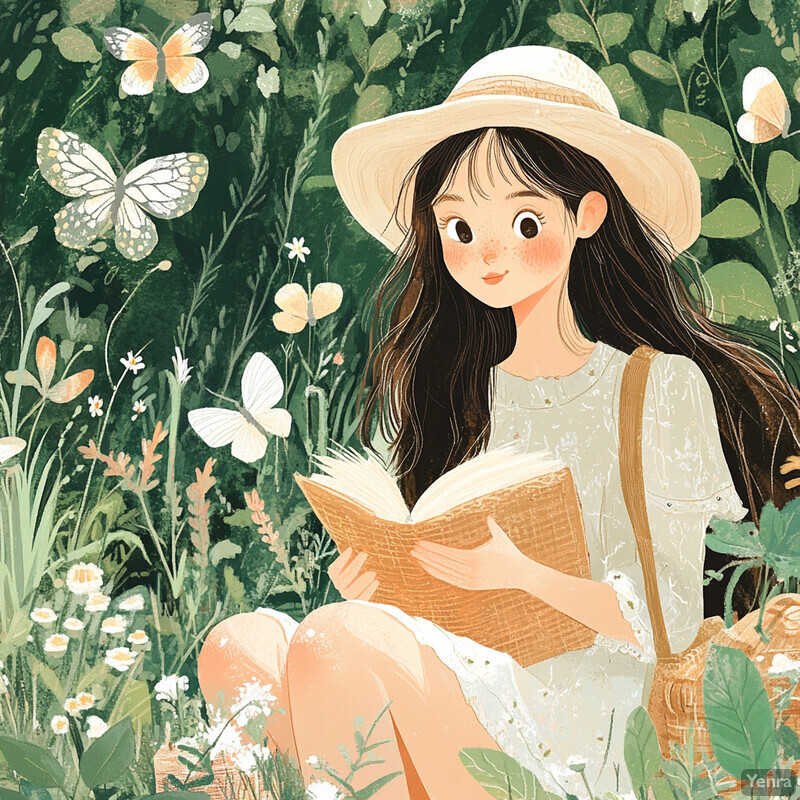 A young girl sits in a garden surrounded by flowers, reading a book.