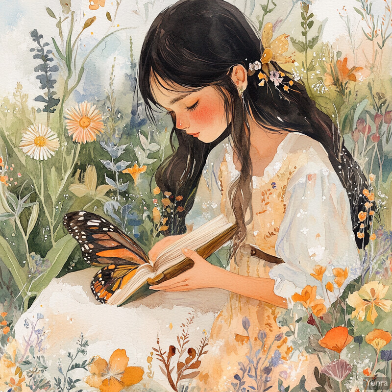 A young girl reads a book in a field of flowers, holding a butterfly on her hand.