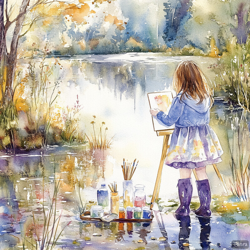 A young girl paints by a lake, surrounded by nature's beauty.