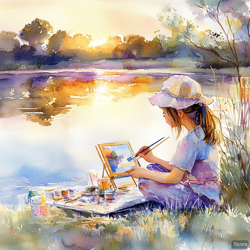 A serene and idyllic scene of a young girl painting by a riverbank, surrounded by lush greenery and trees under a clear sunny sky.