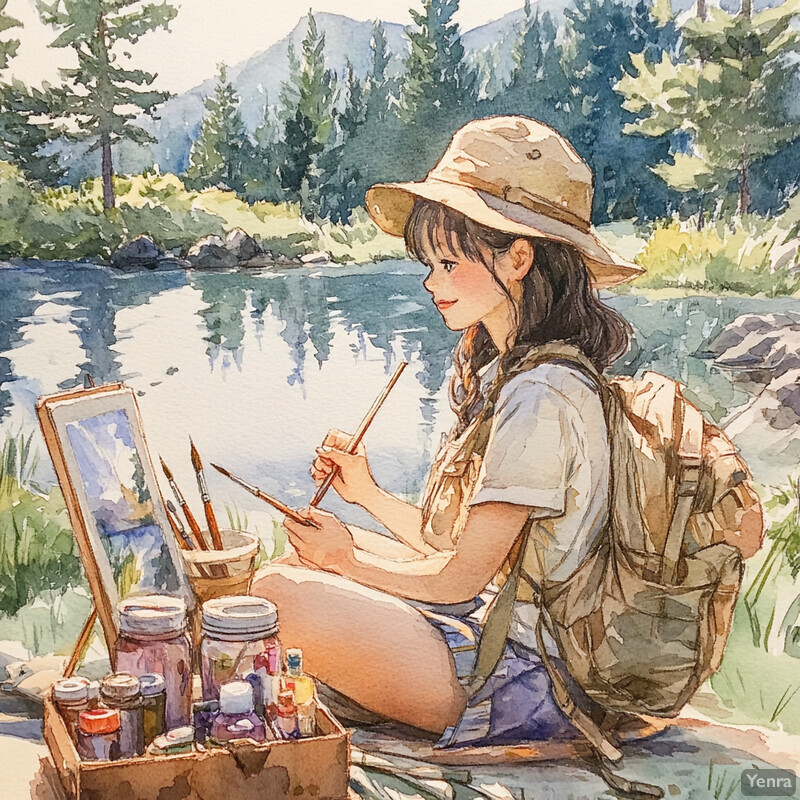 A woman paints by a lake, surrounded by lush greenery and towering trees.