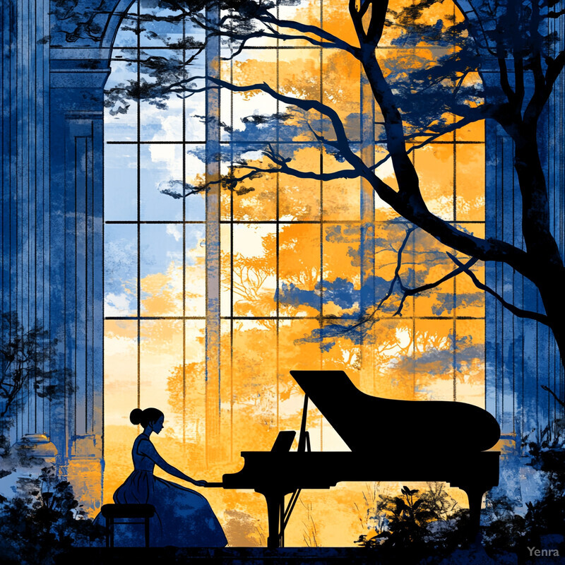 A woman plays the piano in front of a large window with a view of trees outside.