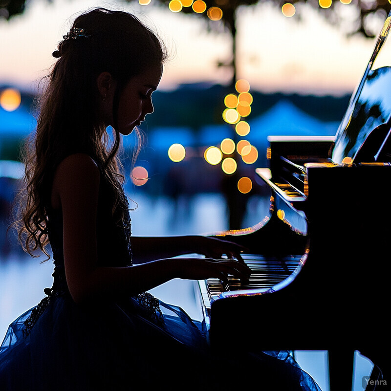 A young girl plays a grand piano outdoors at dusk or dawn, her fingers poised over the keys as she navigates a complex melody with concentration and focus.