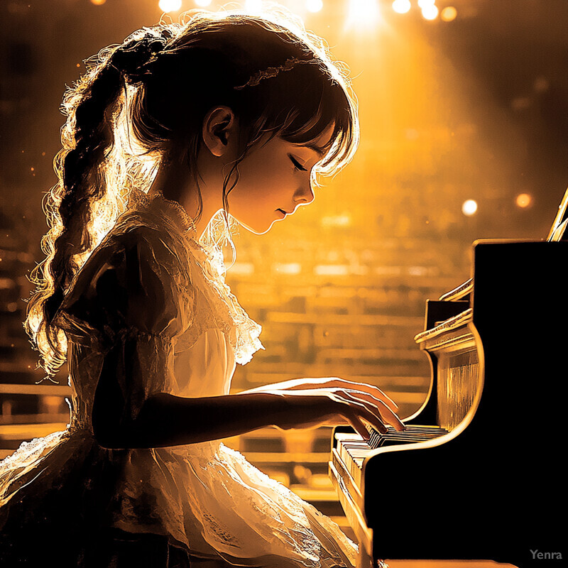 A young girl plays a grand piano in a dimly lit room.