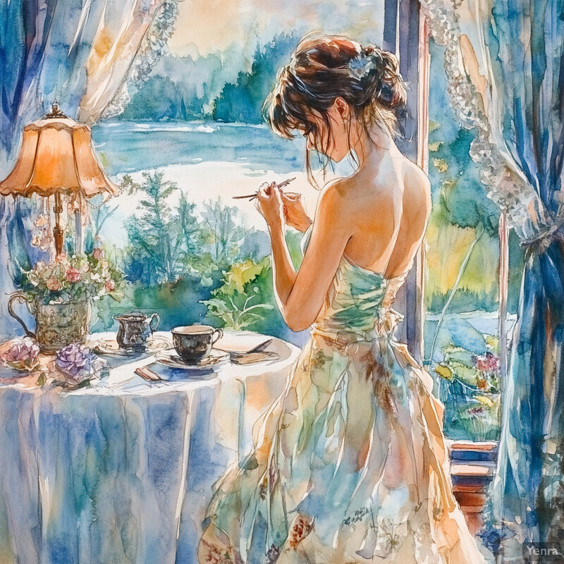 A serene and elegant scene of a woman standing by a window, gazing out at a tranquil landscape.