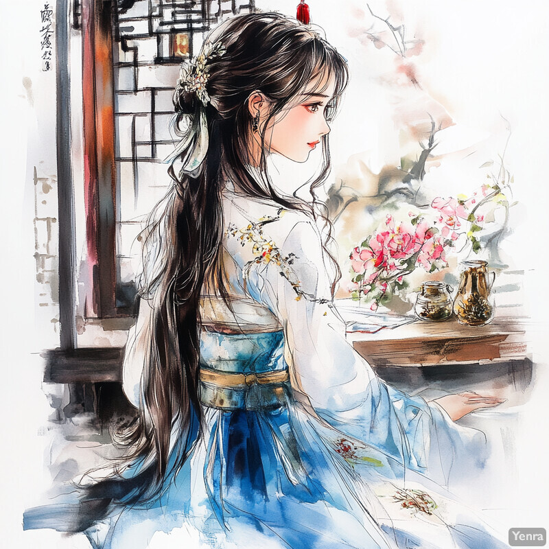 A woman dressed in traditional Chinese attire sits on the floor facing rightward, with her back to the viewer. She has long black hair pulled back into a bun and wears a white top with blue accents and a blue skirt featuring gold floral patterns.