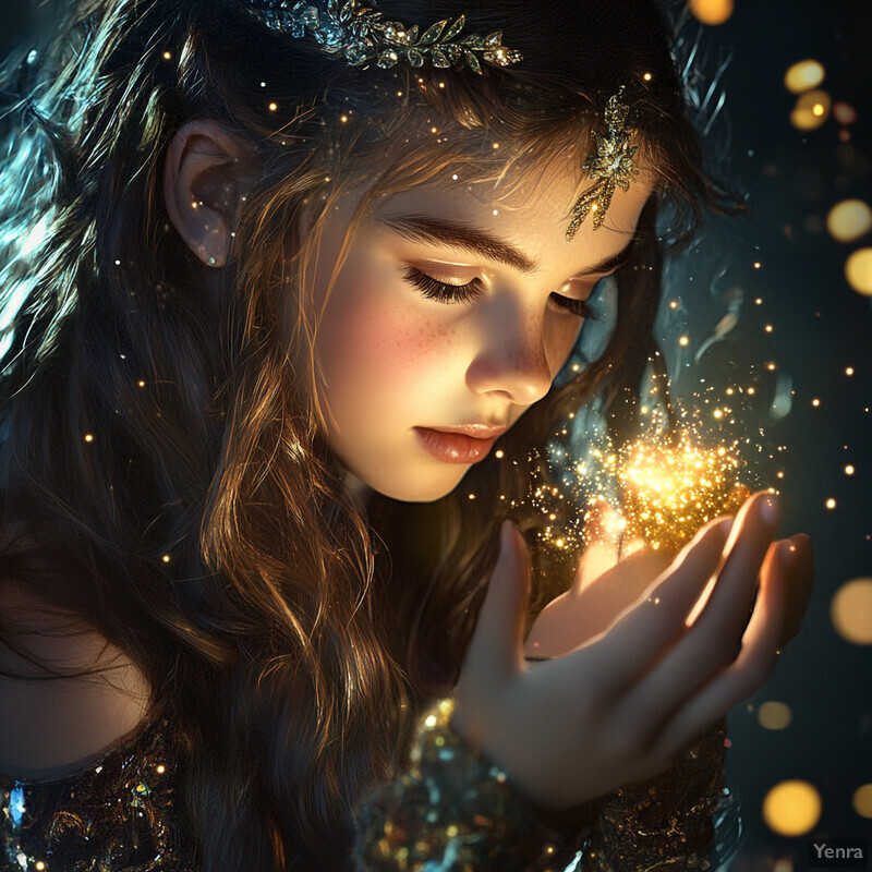 Enchanting fantasy scene featuring a young girl with long brown hair and a jewel-adorned headband, gazing at her cupped hands where a radiant light emanates from them.